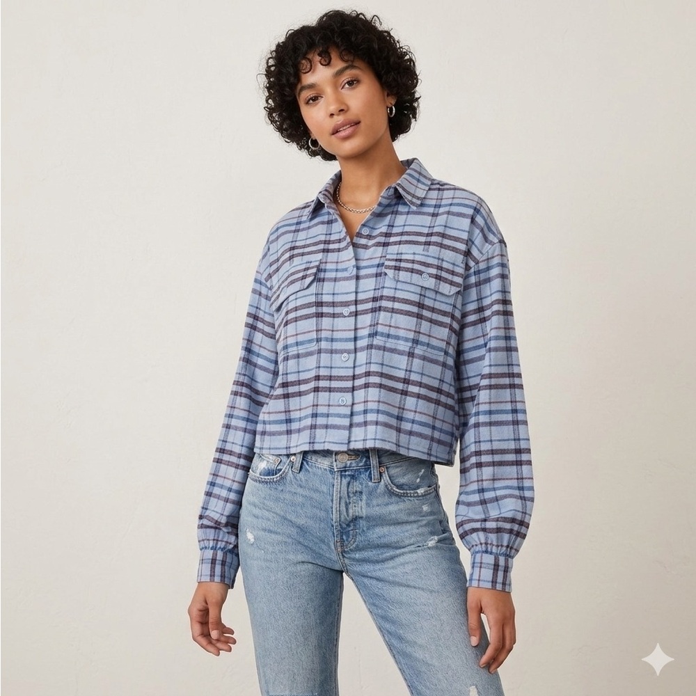 Deadstock F21 Oversized Blue Plaid Cotton Flannel Cropped Button Shirt Top M